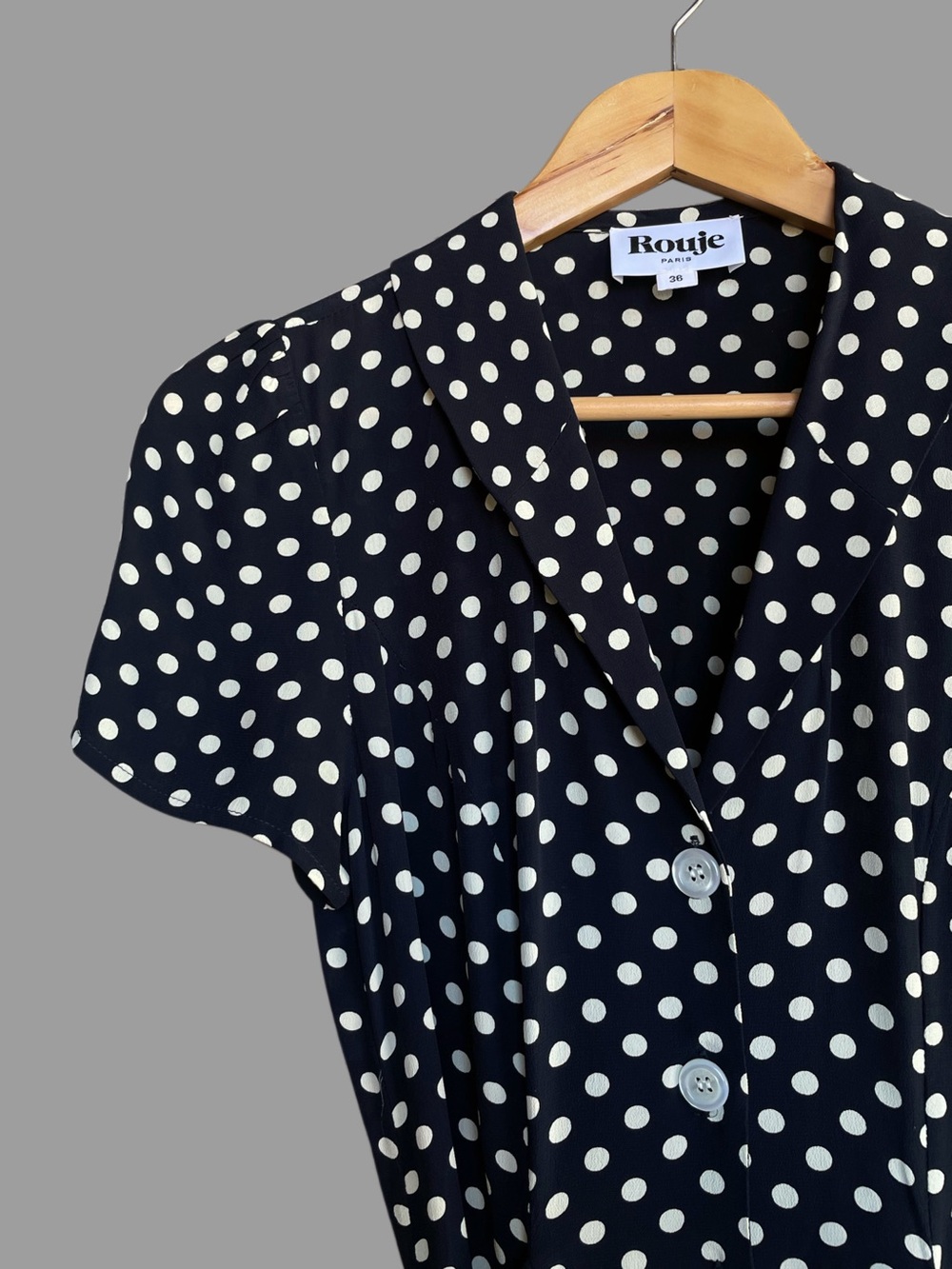 ROUJE Black & White Polka Dot Printed Retro Button Down Marin Midi Dress 36 2/4 - Picture 8 of 17
